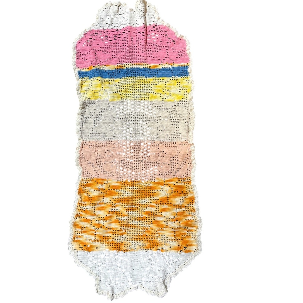 Vintage Handmade Crochet Table Runner Multi‎ Color Striped Scalloped Edge 33x13